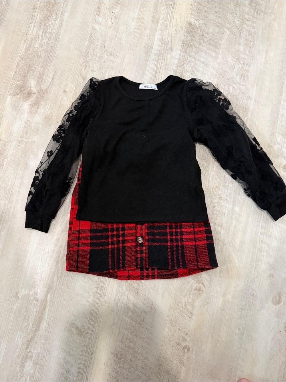 Kids Black Lace-Sleeve Top with Red Plaid Hem - Stylish Matching Set